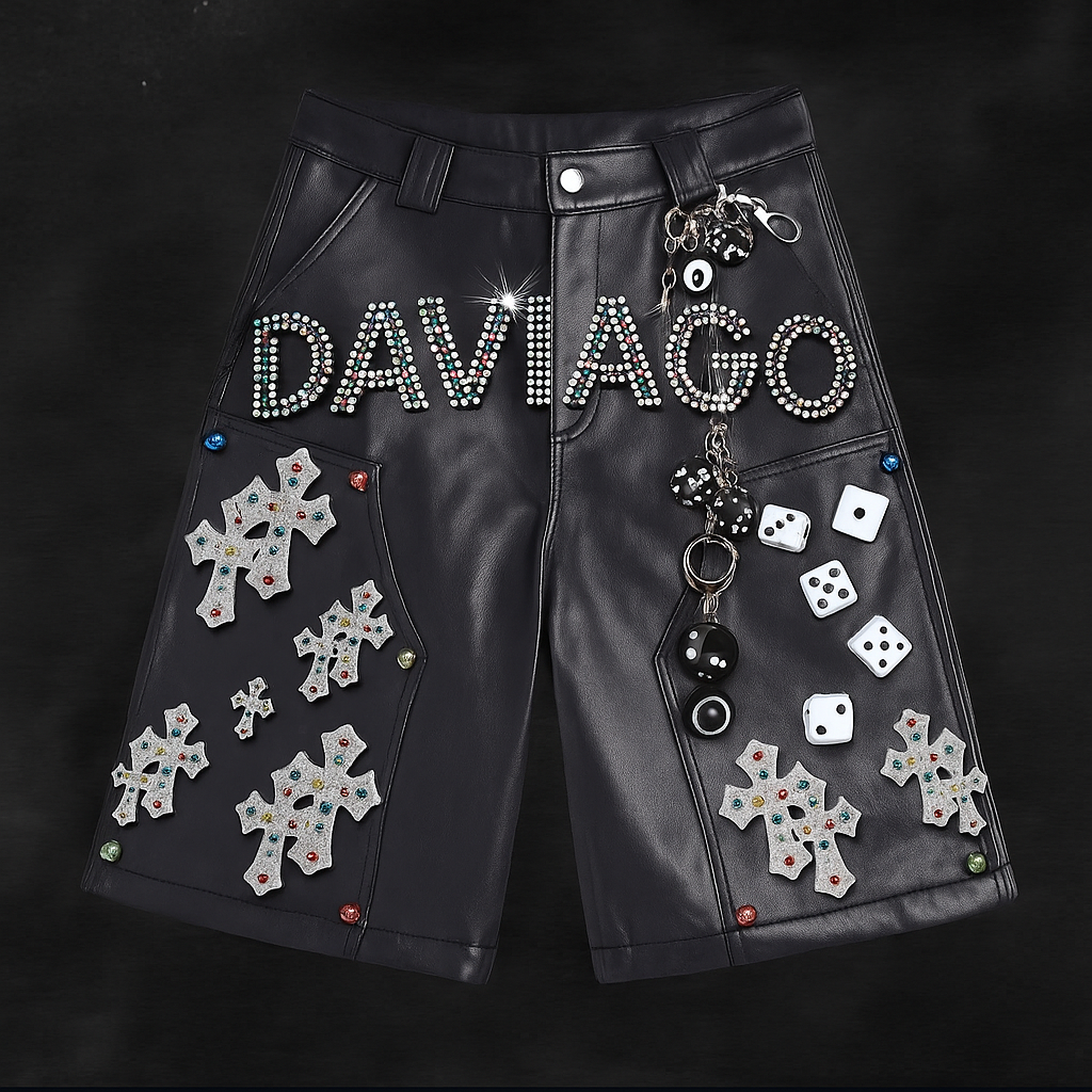 Black Leather Denim Daviago Shorts
