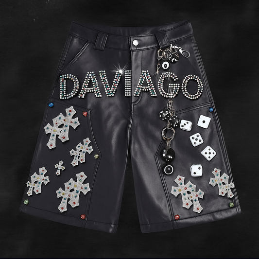 Black Leather Denim Daviago Shorts